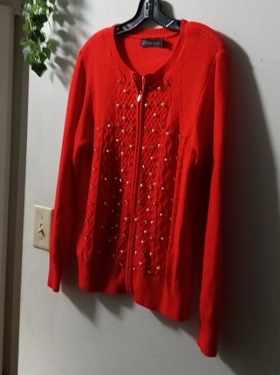 New York & Company Sweaters - New York & Company Red Embellished Zip-Front Cardigan
